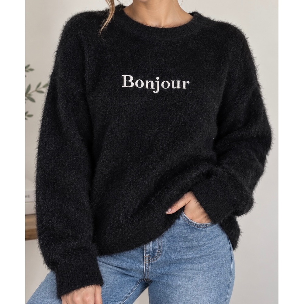 Crescent Black Fuzzy Sweater with French Bonjour Design